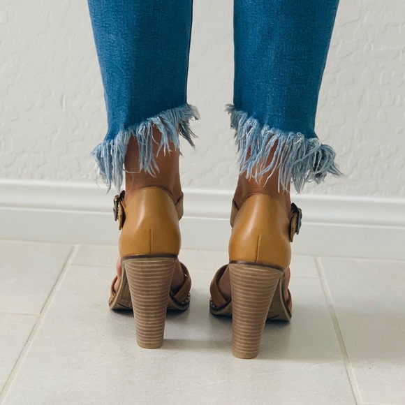 Tan Leather Mini Studs Block Heel Buckle Sandal - Picture 7 of 8